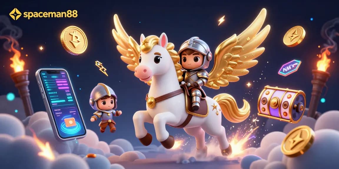 Engage with spaceman88 slots, featuring a 3D celestial horse and vibrant online gambling elements.