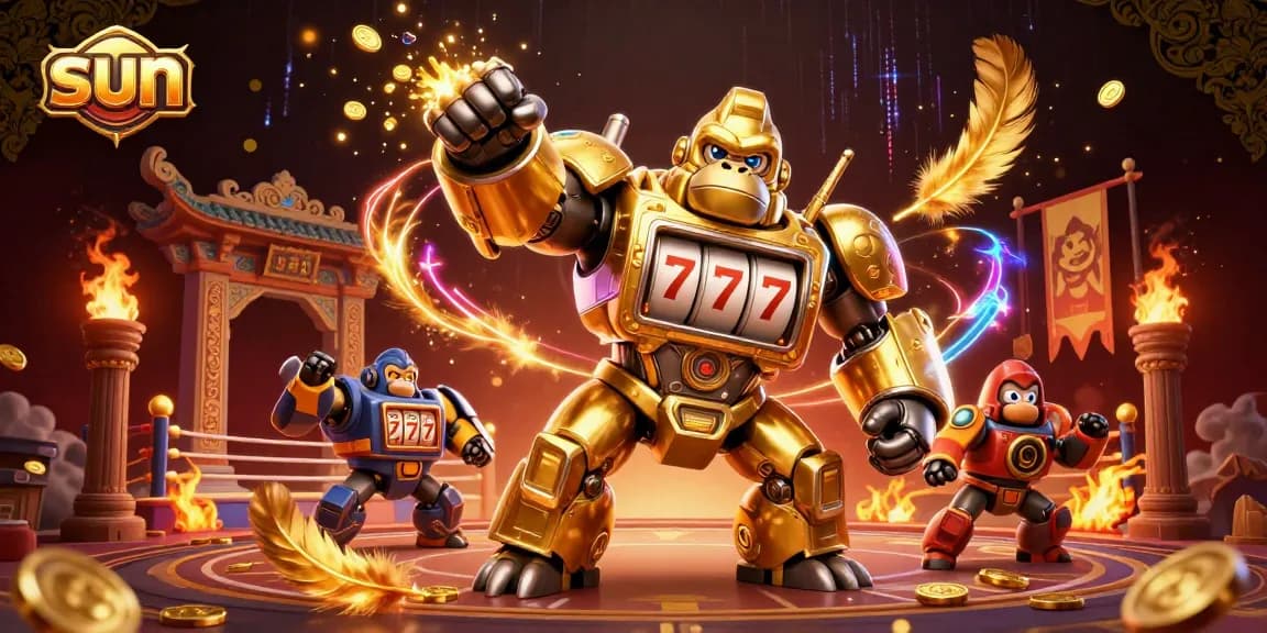 Experience thrilling action with the Sun-themed golden gorilla mech punching through coins in a dynamic casino scene.