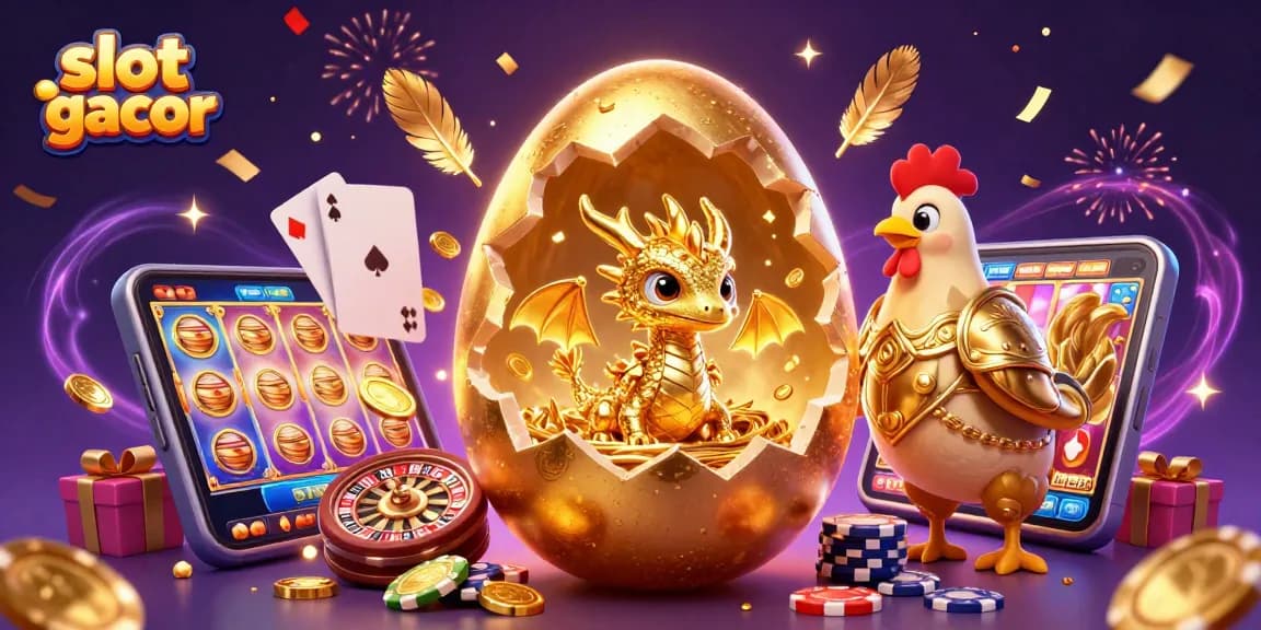 Slot gacor menampilkan naga emas luar biasa di atas chip poker dengan latar belakang kasino yang penuh warna.
