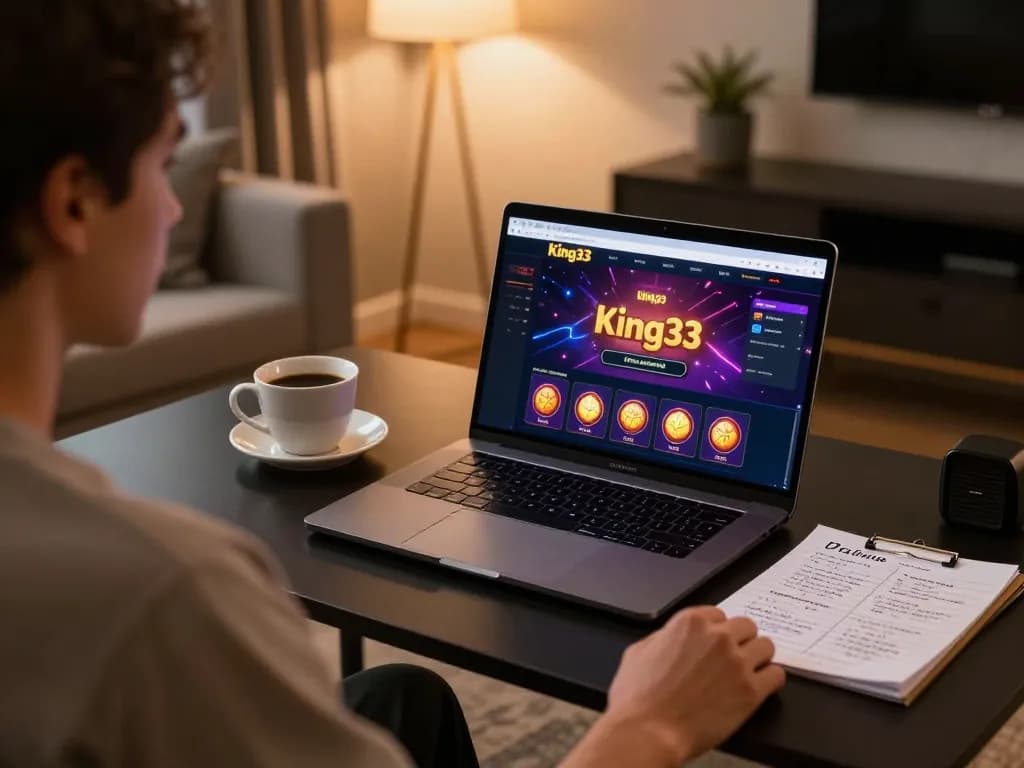 Player engages with the king33 interface on a sleek laptop, showcasing strategic gameplay in a cozy home setting.