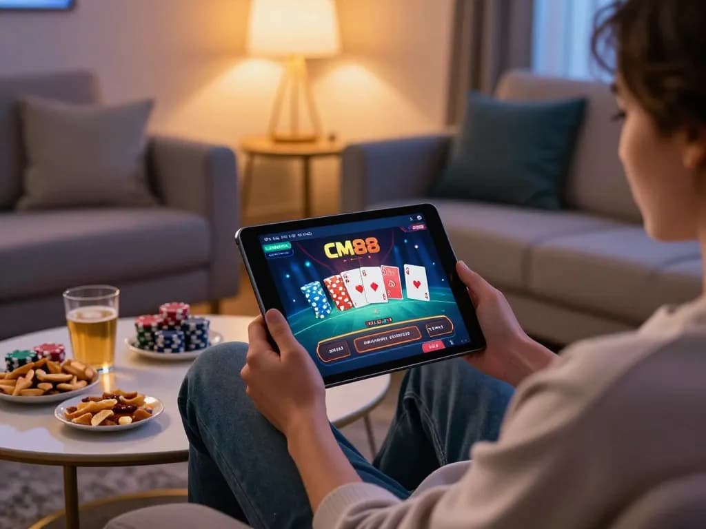 Player enjoying online casino games on CM88 app from home with snacks and warm lighting.