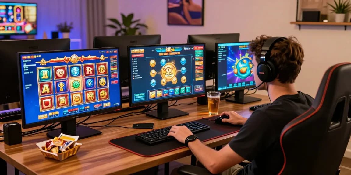 Player immersed in a non UK casino gaming experience at home with multiple screens showcasing vibrant slot games.