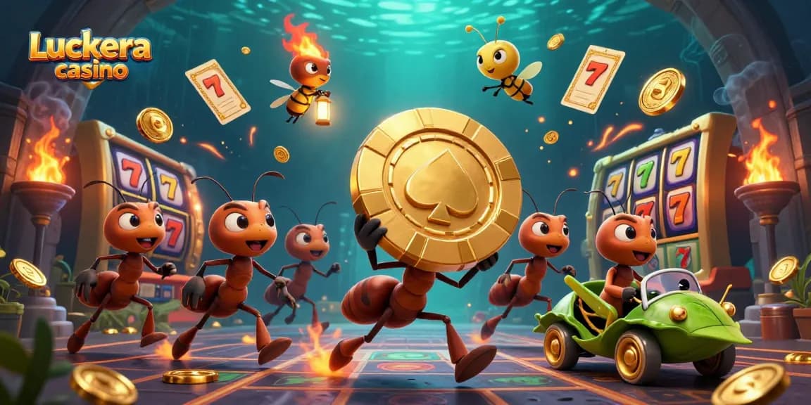 Luckera casino features a lively heist scene with ants and gamblers in action amidst vibrant slots.