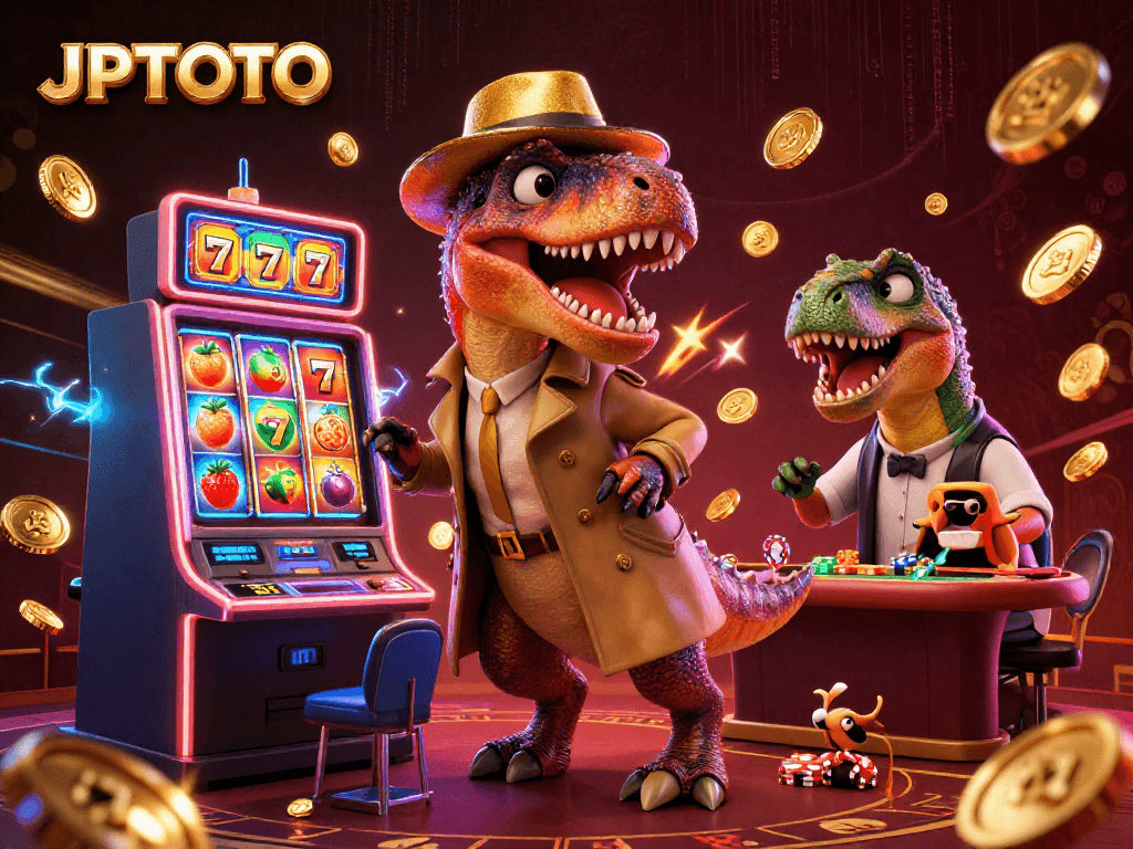 Experience thrilling slots at JPTOTO with a playful velociraptor counter and pit boss in action.