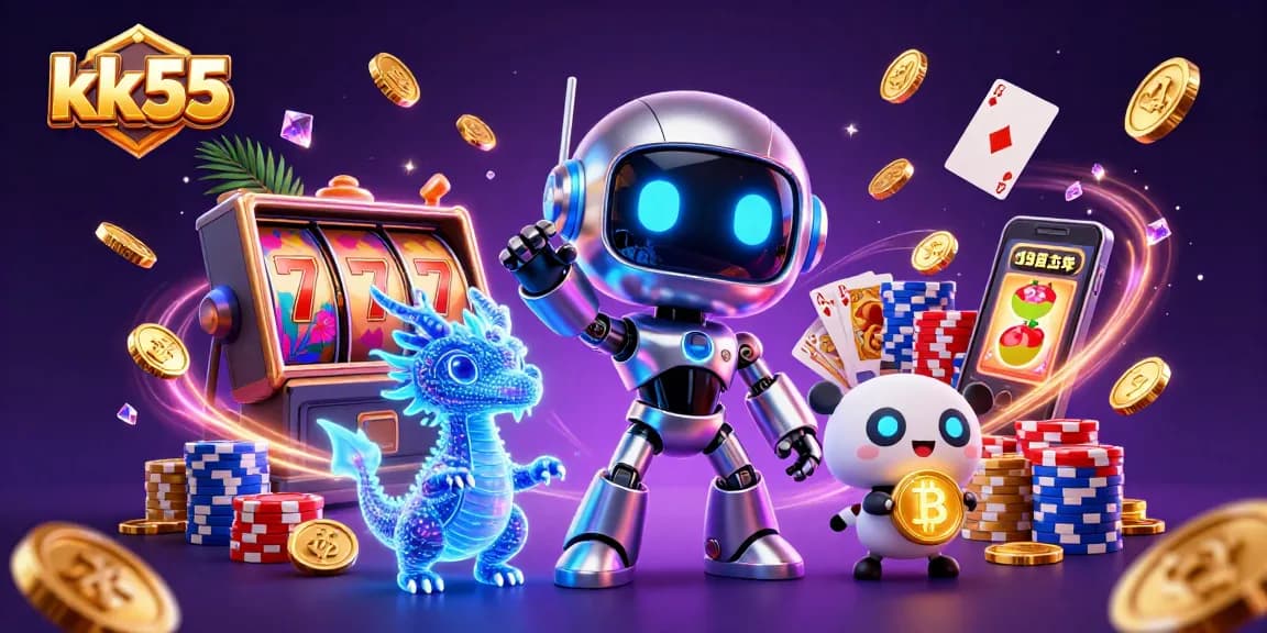 Engage in thrilling slot action with kk55's vibrant casino illustration featuring colorful characters and dynamic game symbols.
