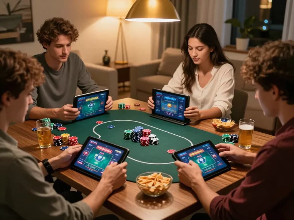Winstrike69 poker action in a cozy home setup with friends playing and strategizing.