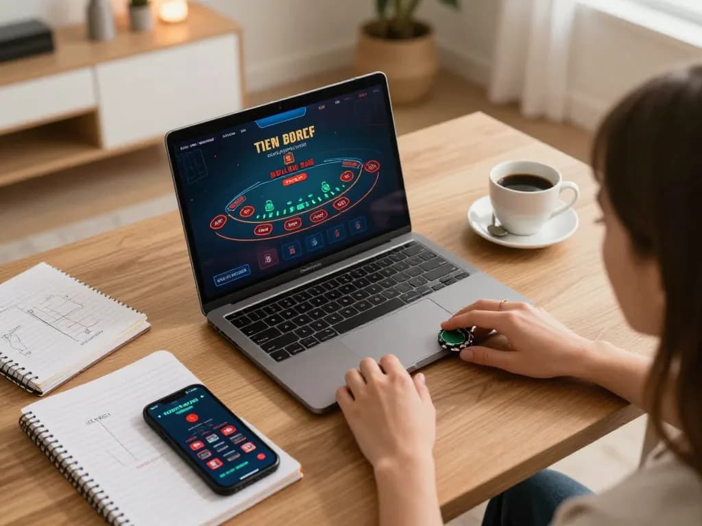 Luck8 player engaging in responsible online blackjack gaming at home, showcasing strategic elements.