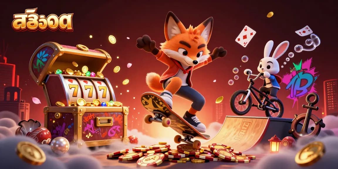 Experience thrilling slots action with สล็อต as the cartoon fox performs stunts over poker chips.
