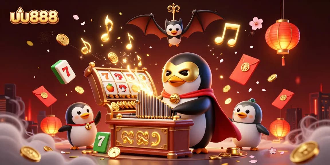 Experience thrilling gameplay with uu888, a magical casino scene featuring a penguin, acrobat bat, and slot symbols.