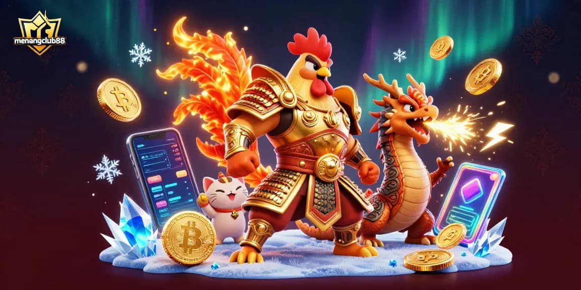 Engage in action with menangclub88 through an ultra-detailed 3D representation of a fierce fighting rooster warrior.