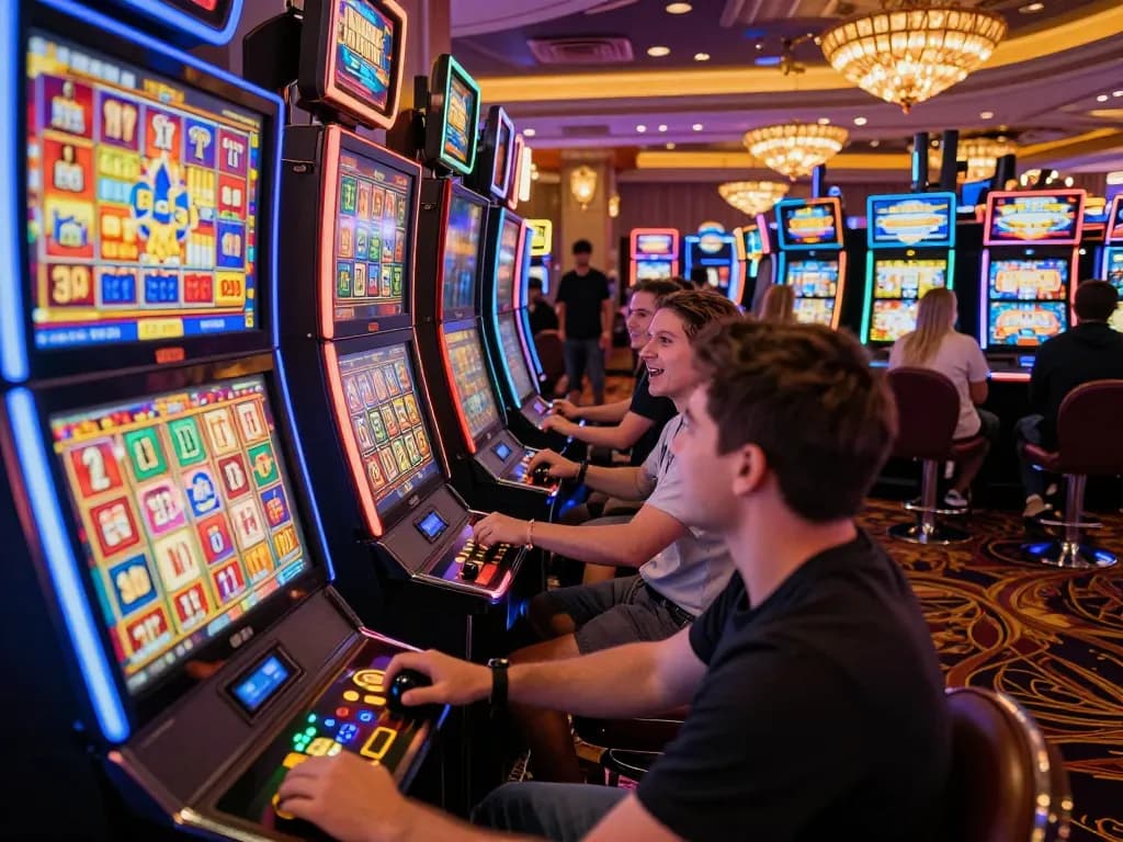 Engaged players celebrating kdslot wins at vibrant slot machines in a lively casino.
