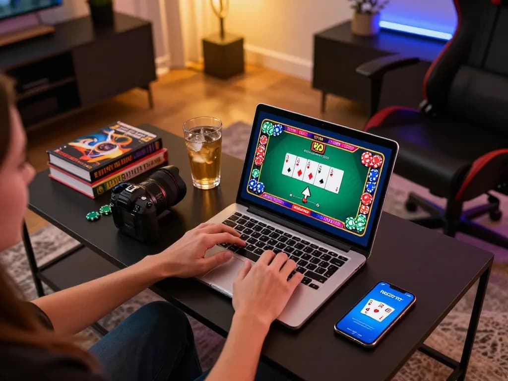 Nego77 user engaged in online gaming with laptop while exploring poker strategies in a cozy setup.