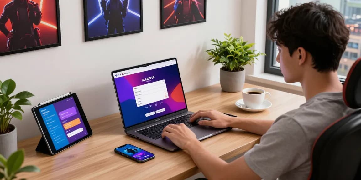 Engaging ULARTOTO togel platform on a sleek laptop in a modern home office.