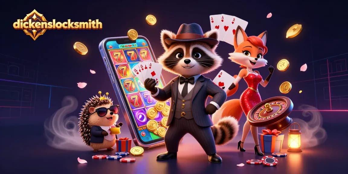 Experience the thrill at dickenslocksmith with a suave raccoon and vibrant casino elements.