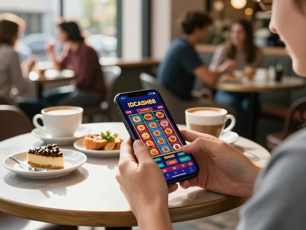 Engaged player using IDCASH88 casino app on smartphone while enjoying coffee at a cafe table.