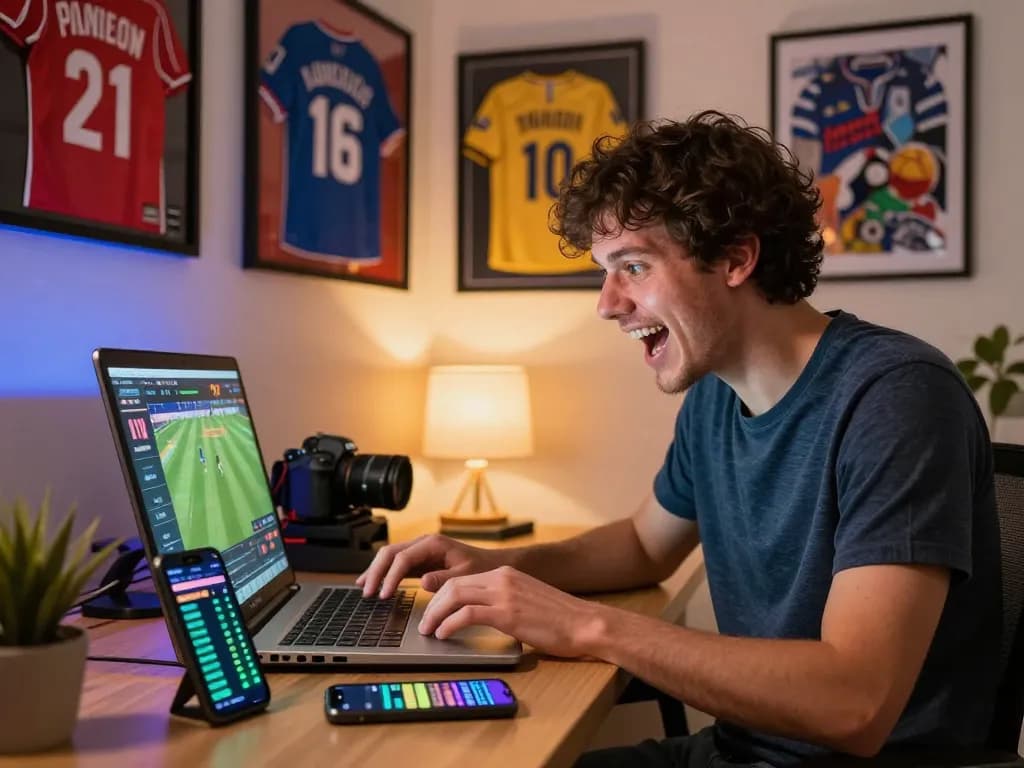 Engaging in sports betting with sunwin on a laptop, showing live odds and excitement.