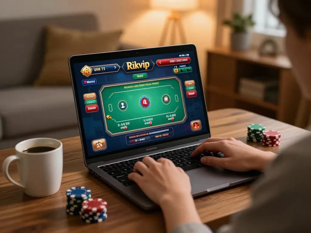 Engaging in online gaming at home with Rikvip casino interface displayed on laptop