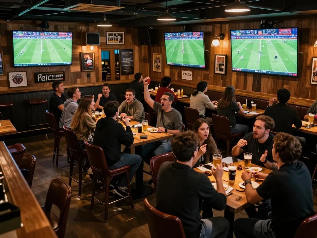 Xoilac fans actively cheering and engaging in live sports betting at an upscale sports bar with warm lighting.