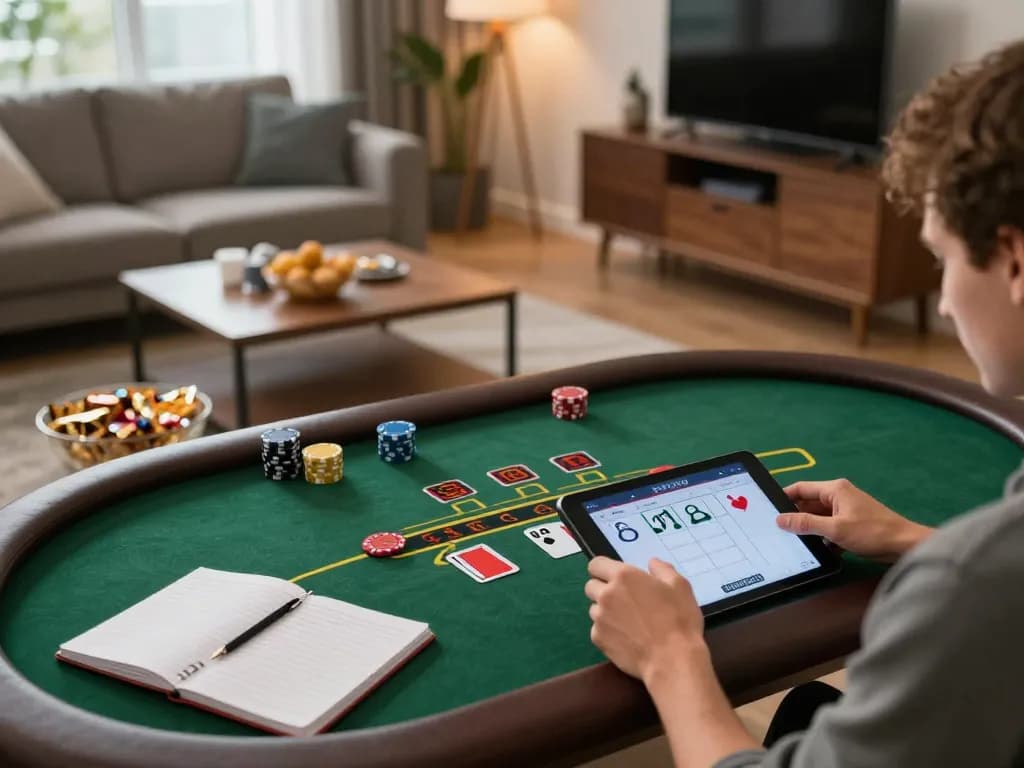 Player engaging in online blackjack at home with king33 app displayed on tablet
