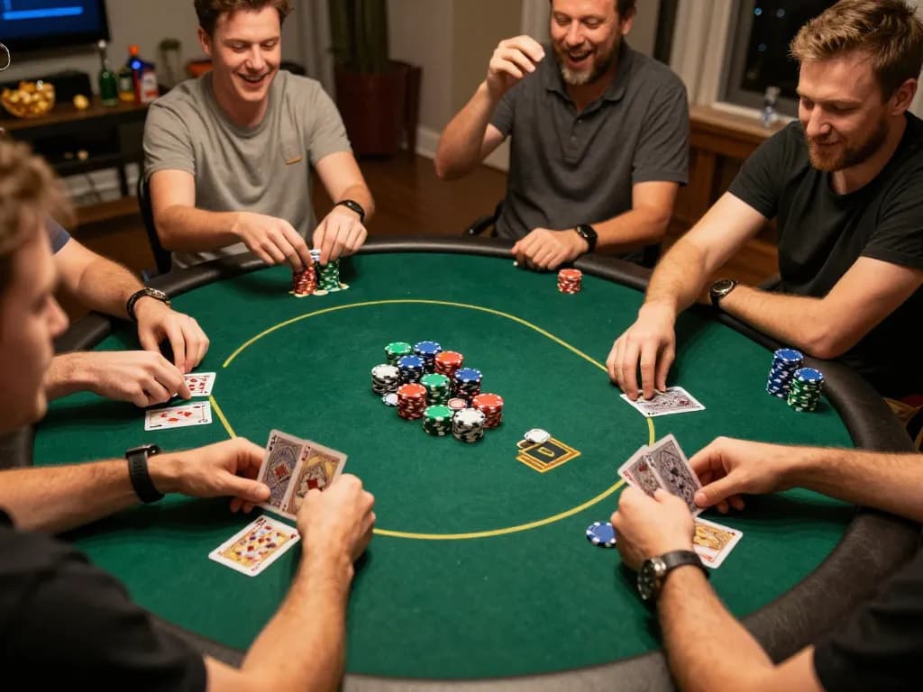 Bermain poker dengan teman di rumah selama malam menyenangkan yang menampilkan permainan strategis dan tawa, SKY138