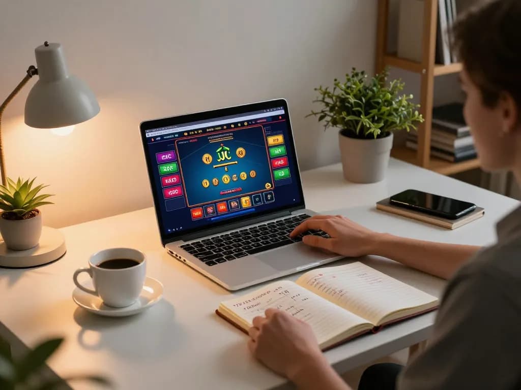Engaging online gaming session at home using the KJC platform, showcasing vibrant casino graphics and strategy notebook.