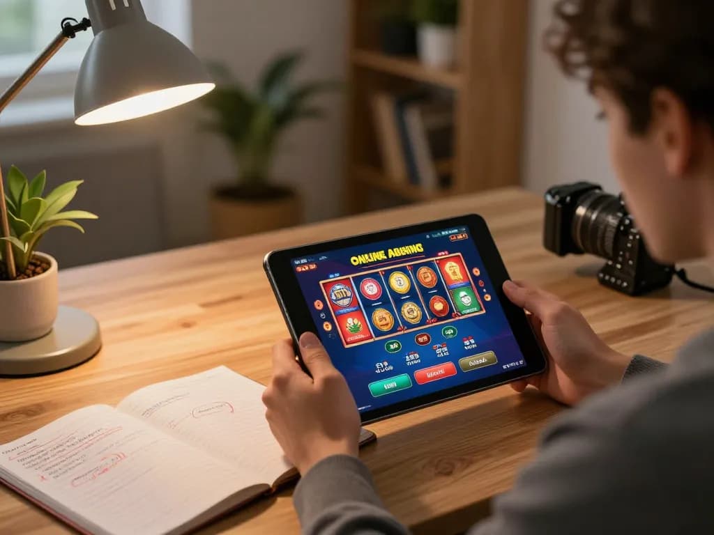 uu88 gaming at home on tablet with notebook for betting strategies in relaxed setting