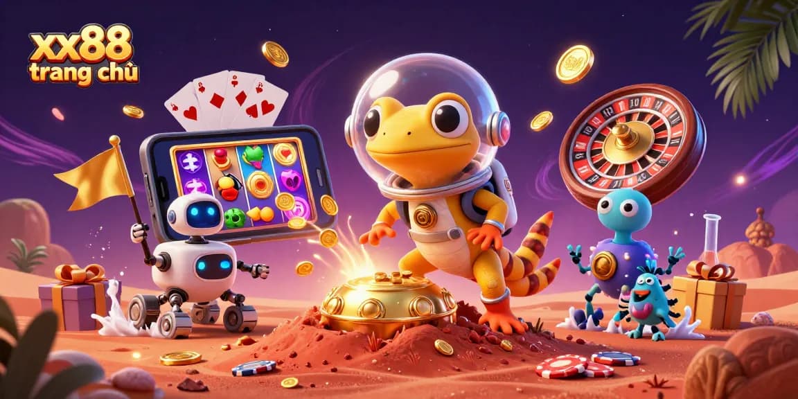 Win big at xx88 trang chủ with 3D Martian gecko discovering a golden casino filled with exciting games.