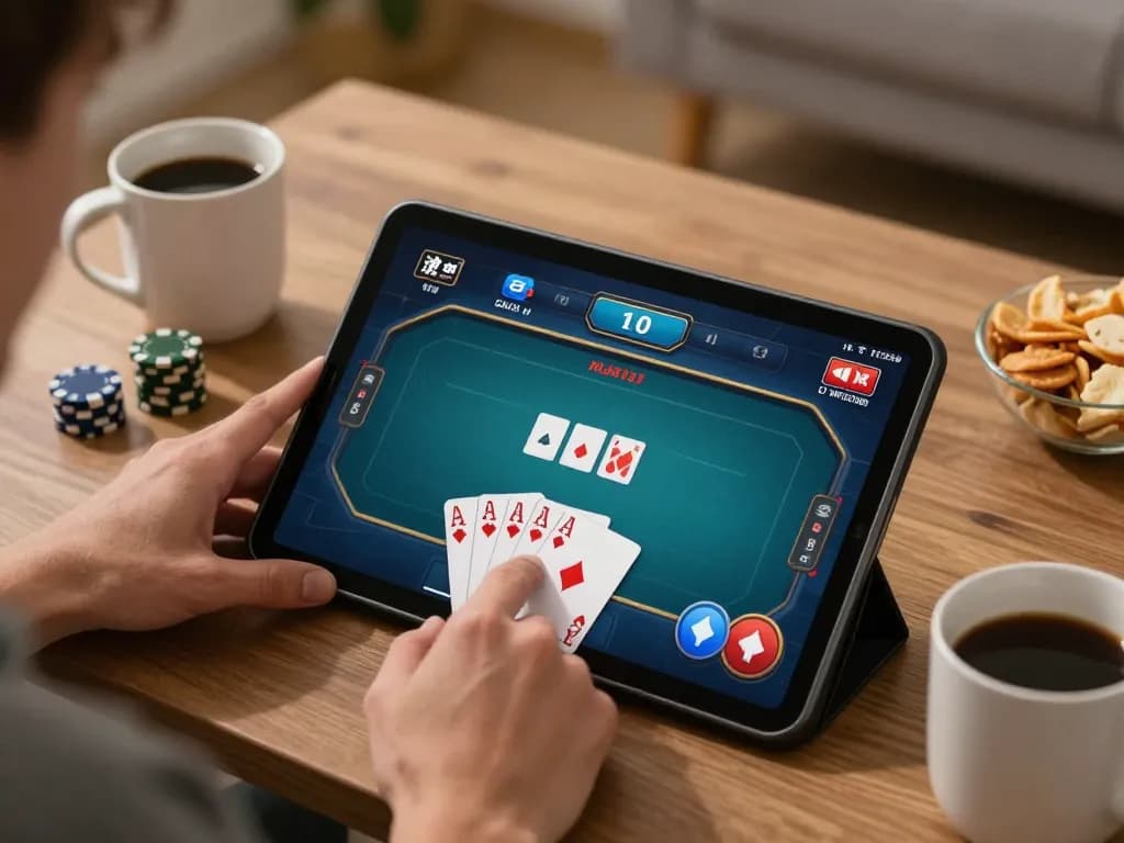 Online gaming experience with XX88, showcasing a winning poker hand on a tablet at home