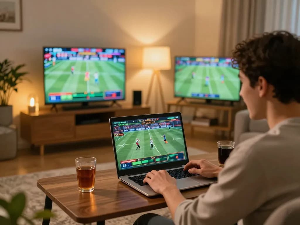 Excited player engaging in sports betting on god55vn from home, showcasing a lively laptop screen.