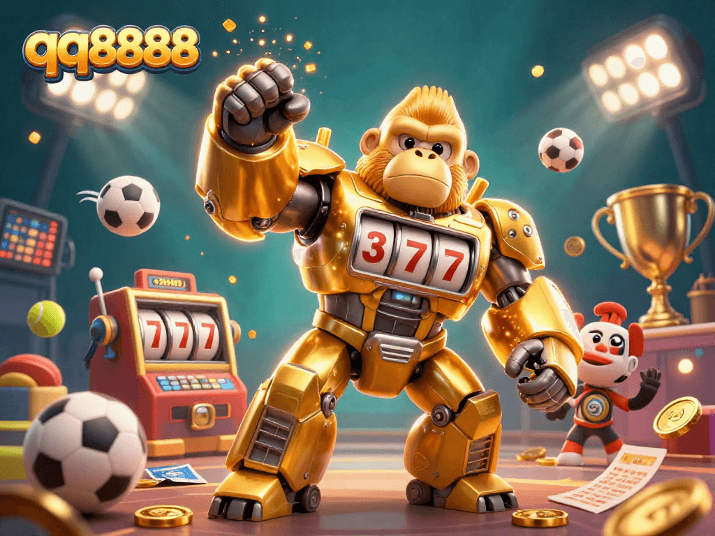 Win big with qq8888 in a dynamic, atmospheric 3D casino scene featuring a golden gorilla mech.