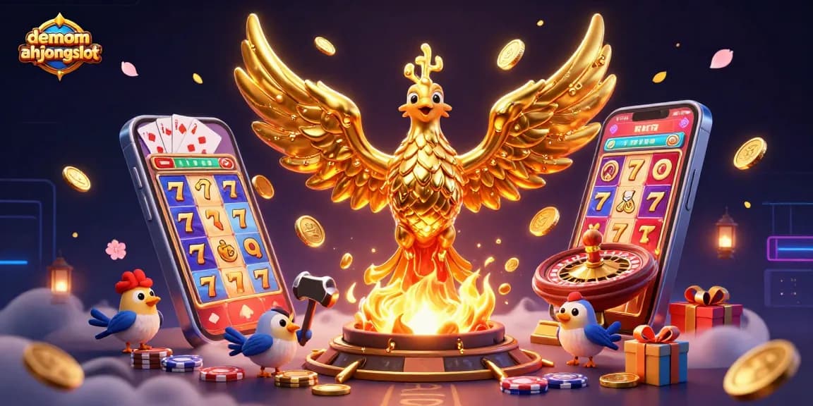 Experience the excitement of demomahjongslot with a captivating scene of winning symbols and dynamic casino elements.