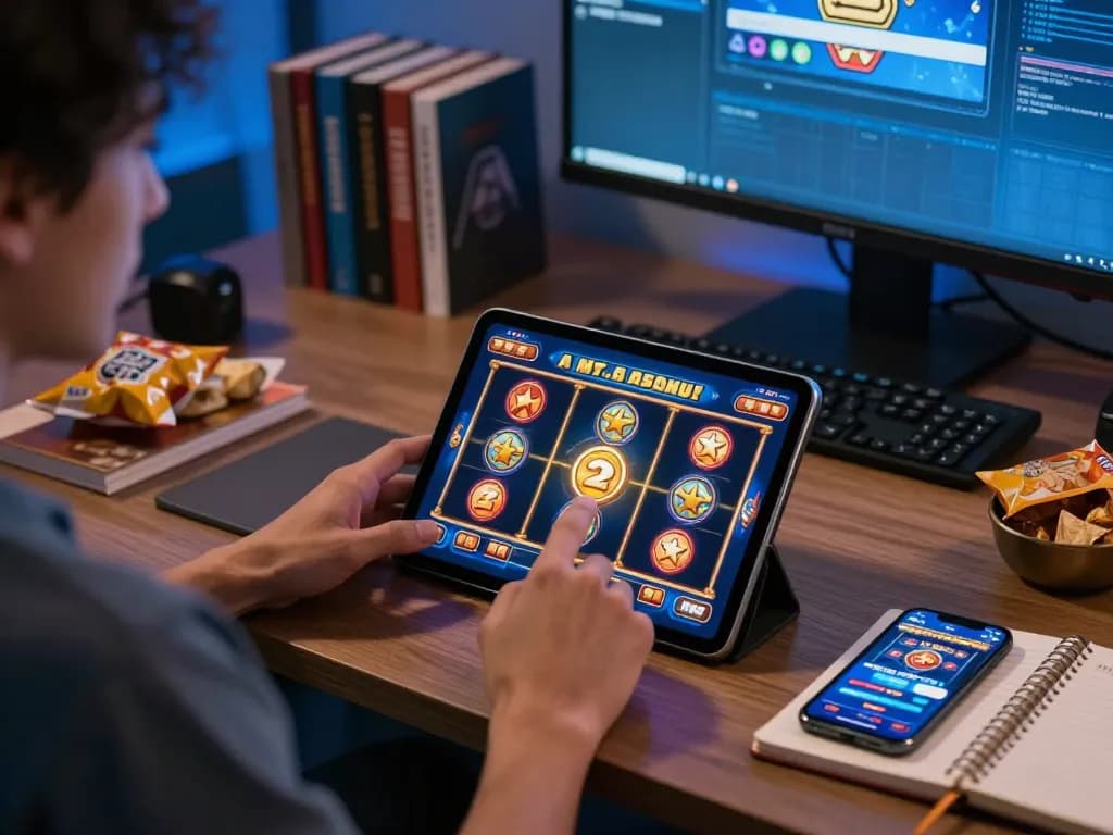 LIGA2000 player engaging with exciting slot games on a tablet in a cozy home environment.