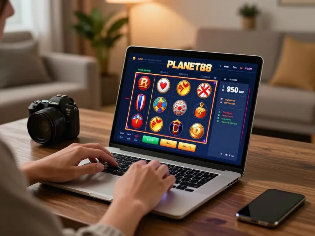 Engaging with the PLANET88 casino app during online gaming session at home.
