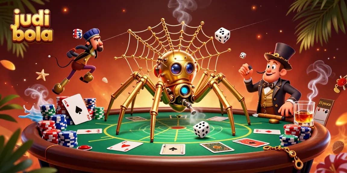 Experience judi bola excitement with a golden spider webbing intricate poker moments in this vibrant scene.