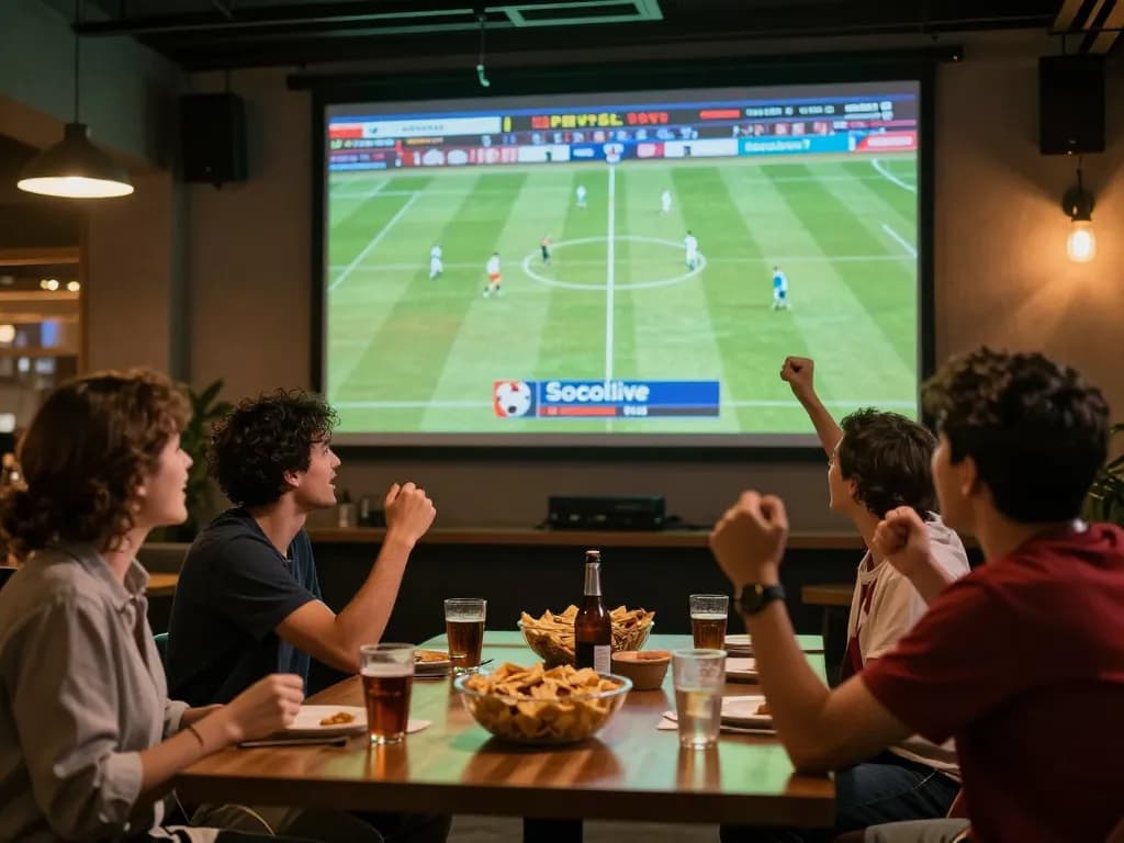 Socolive football fans watching a live match together, creating an energetic viewing atmosphere.