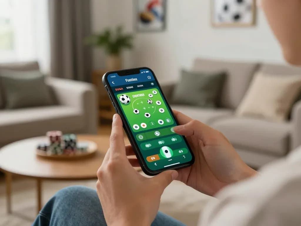 This scene depicts a user actively engaging in football betting on 789BET through a smartphone, emphasizing a cozy home environment.