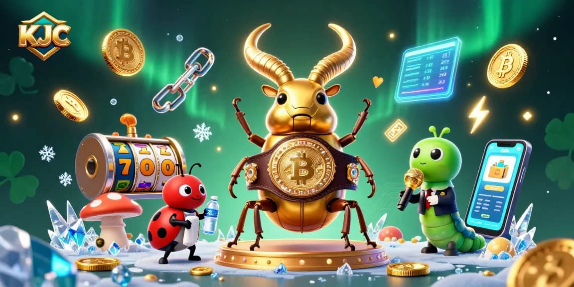KJC brings excitement with a glowing stag beetle champion in a bustling casino scene filled with vibrant gaming elements.