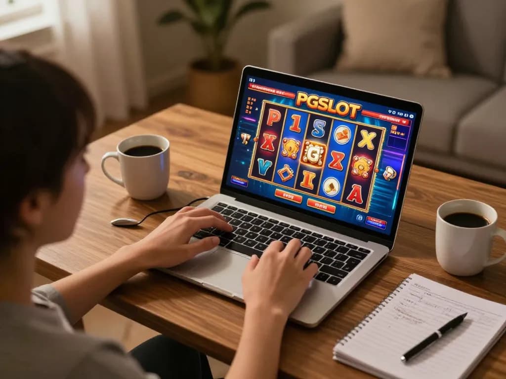 Engaging in PGSLOT online gameplay from a comfortable home desk setup with vibrant graphics.