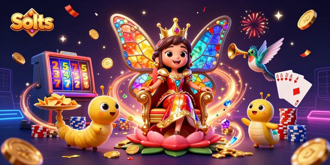 Spin the reels for exciting Slots wins in a vibrant casino scene with butterfly royalty and golden coins!