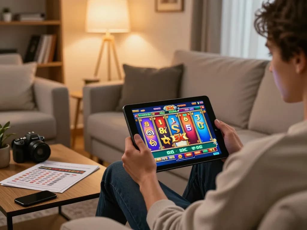 Engaging gameplay at home with slot 5k on tablet in a cozy living room.