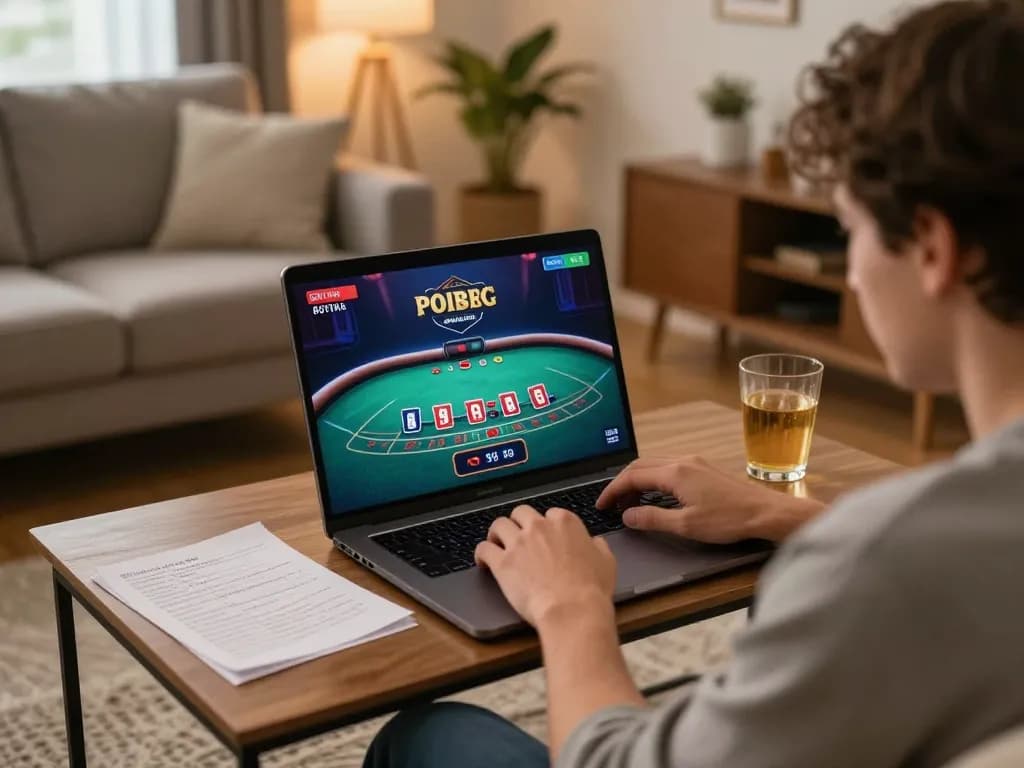 Engaging in an online LGOGOAL gaming session with blackjack on laptop in a cozy setting