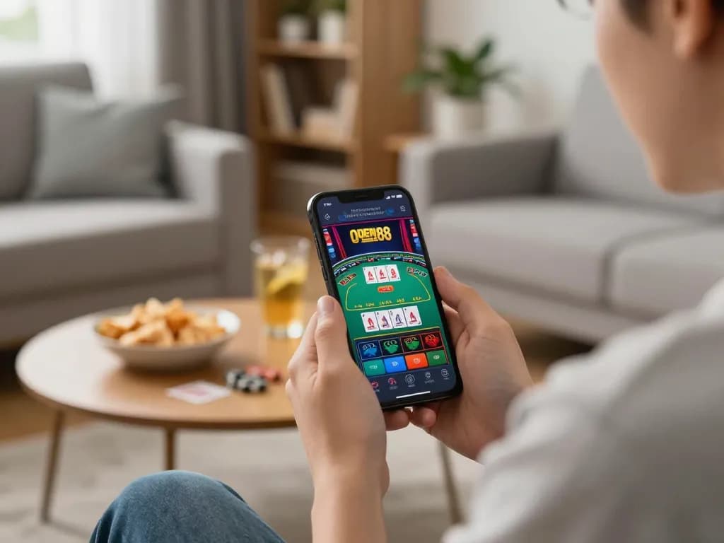Player engaging with OPEN88 casino app on a smartphone in a cozy living room.