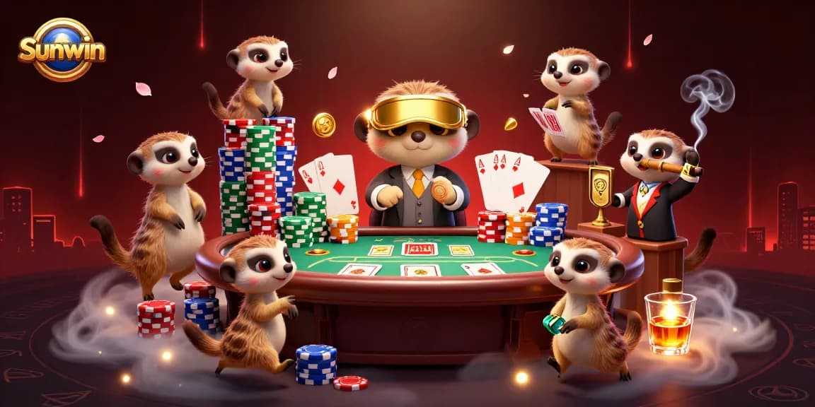 Experience the thrilling action at Sunwin Casino with meerkats managing an exciting poker game.