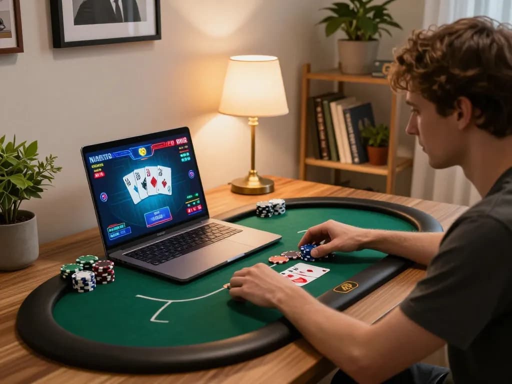Player enjoying online poker on a laptop for BK8 at a cozy home setup