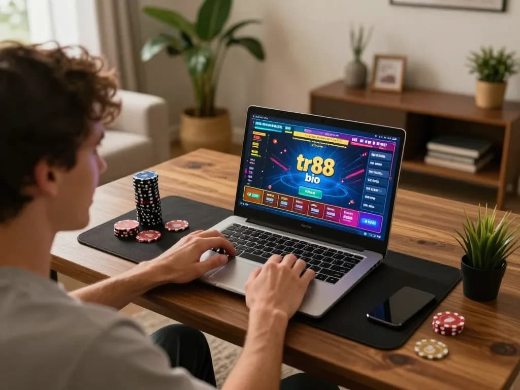 Engaging scene of a player experiencing online casino gaming with tr88 bio poker on a laptop, capturing excitement and strategy.