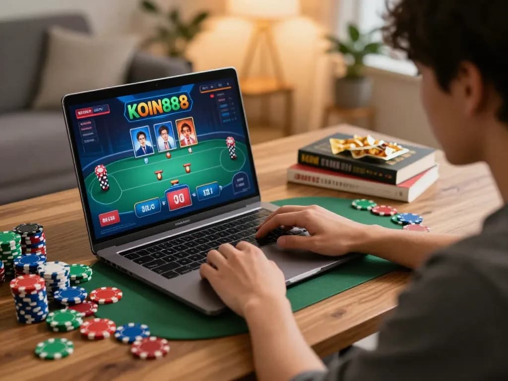 Pemain KOIN888 fokus pada permainan poker selama sesi online, menggambarkan permainan strategis.