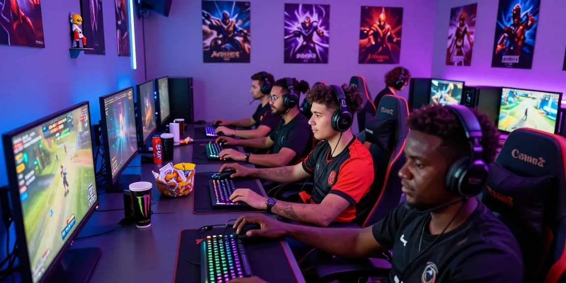 Engaging gamers focused on their screens in a vibrant lounge, featuring coloksgp link alternatif and gaming paraphernalia.