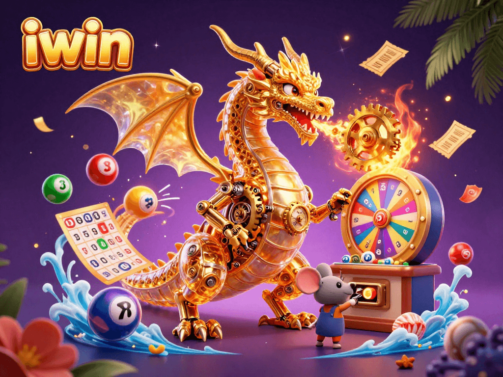 iwin showcases a vibrant scene featuring a golden dragon and lottery elements in a dynamic gaming illustration.