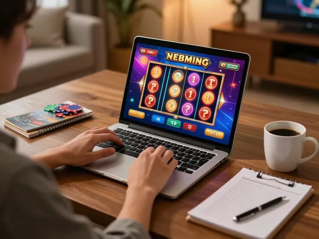 Permainan yang menarik di rumah dengan link hargatoto di layar laptop, menggambarkan strategi slot online.
