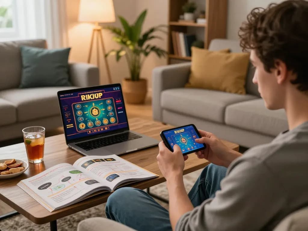 Engaged player enjoying rikvip online casino experience on smartphone in cozy living room setting